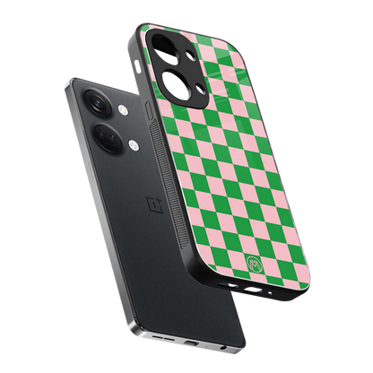 pink & green check pattern back phone cover | glass case for oneplus nord 3