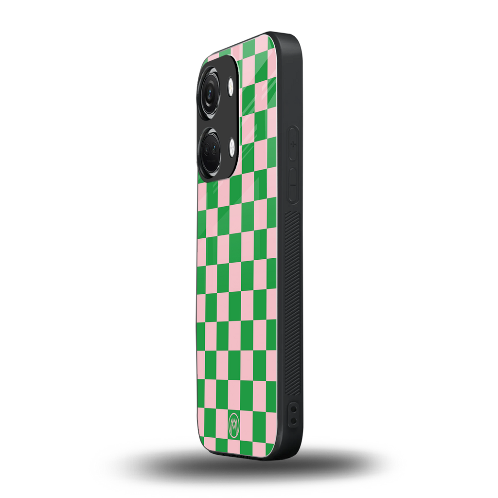 pink & green check pattern back phone cover | glass case for oneplus nord 3