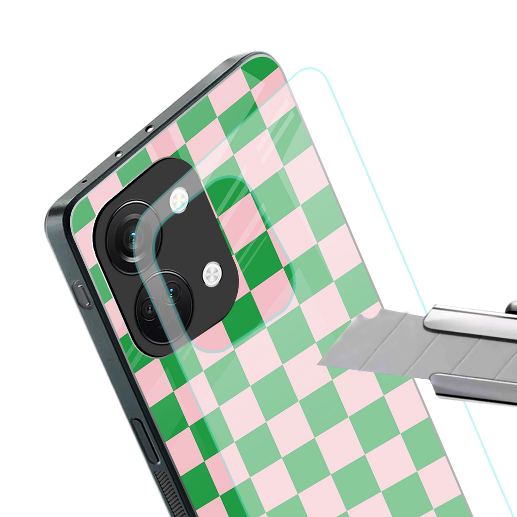 pink & green check pattern back phone cover | glass case for oneplus nord 3