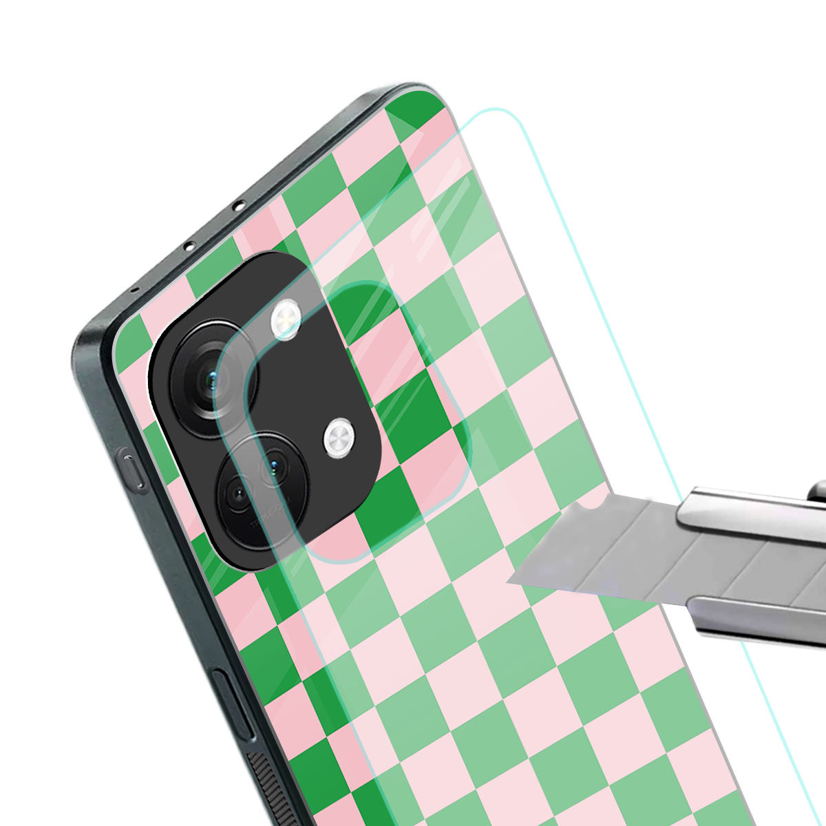 pink & green check pattern back phone cover | glass case for oneplus nord 3