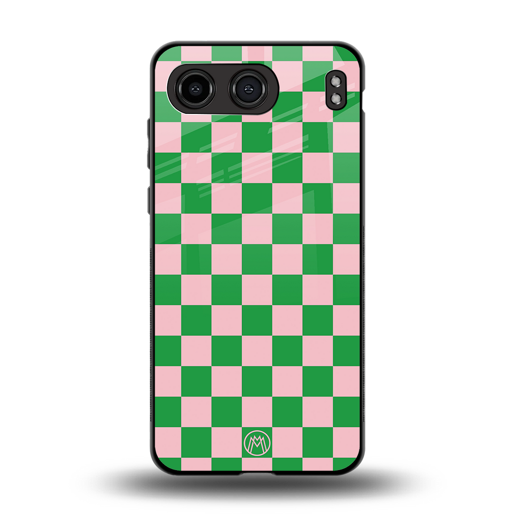 pink & green check pattern back phone cover | glass case for oneplus nord 4