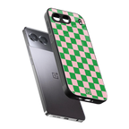 pink & green check pattern back phone cover | glass case for oneplus nord 4