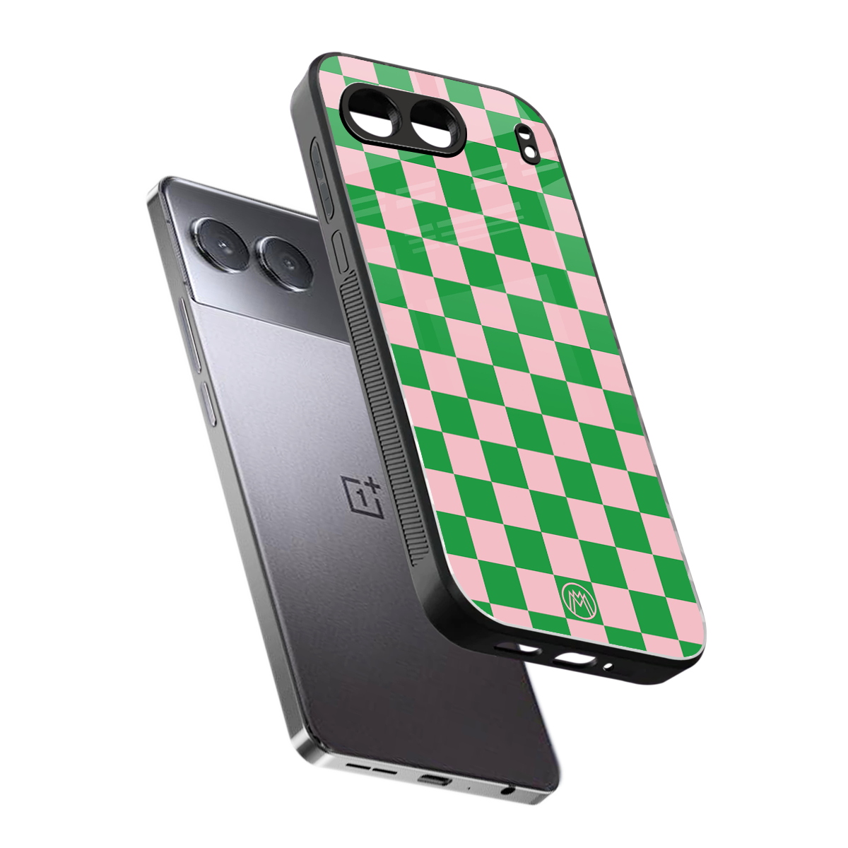pink & green check pattern back phone cover | glass case for oneplus nord 4