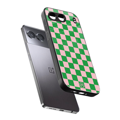 pink & green check pattern back phone cover | glass case for oneplus nord 4