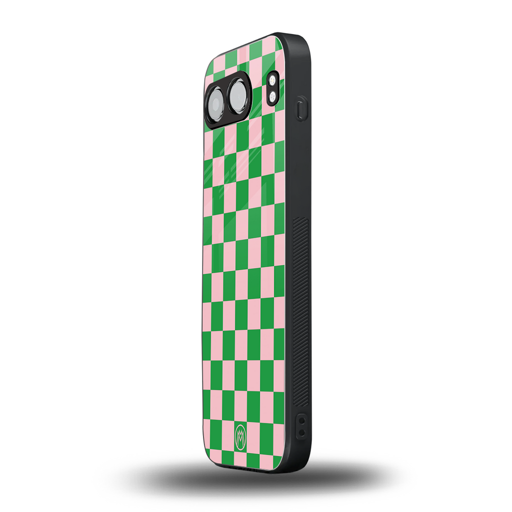 pink & green check pattern back phone cover | glass case for oneplus nord 4