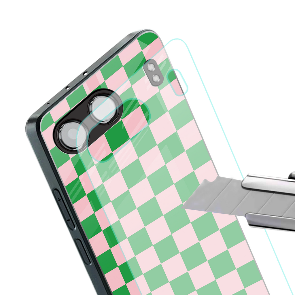 pink & green check pattern back phone cover | glass case for oneplus nord 4