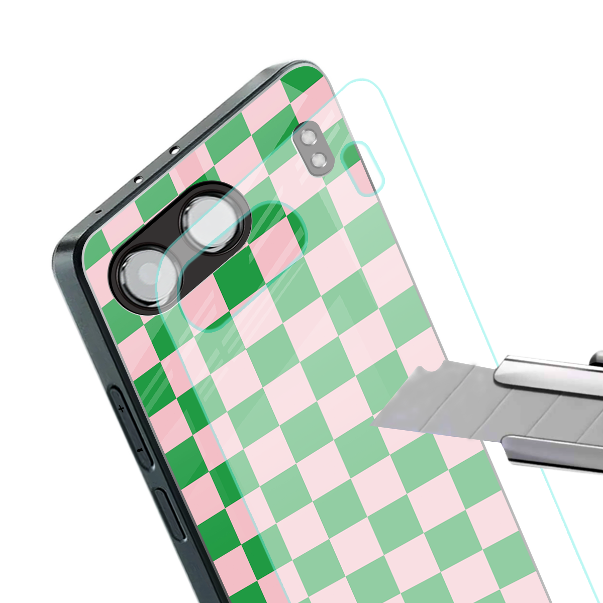 pink & green check pattern back phone cover | glass case for oneplus nord 4