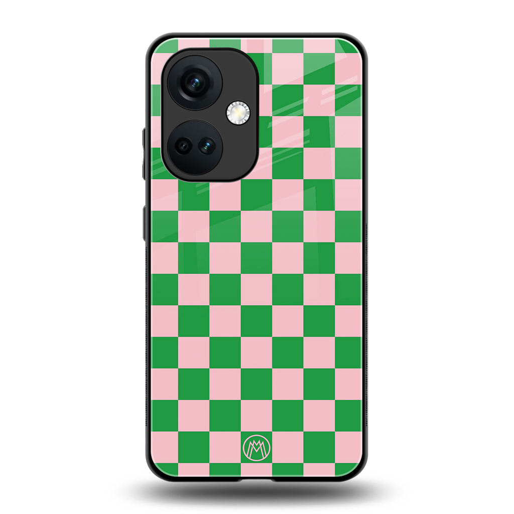 pink & green check pattern back phone cover | glass case for oneplus nord ce 3