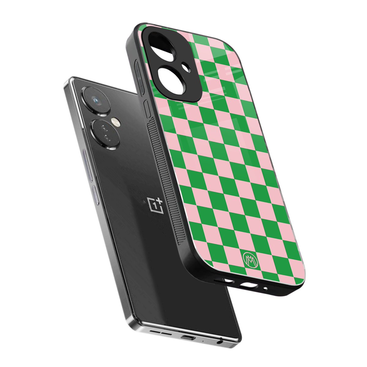 pink & green check pattern back phone cover | glass case for oneplus nord ce 3