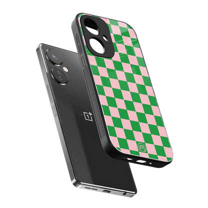 pink & green check pattern back phone cover | glass case for oneplus nord ce 3