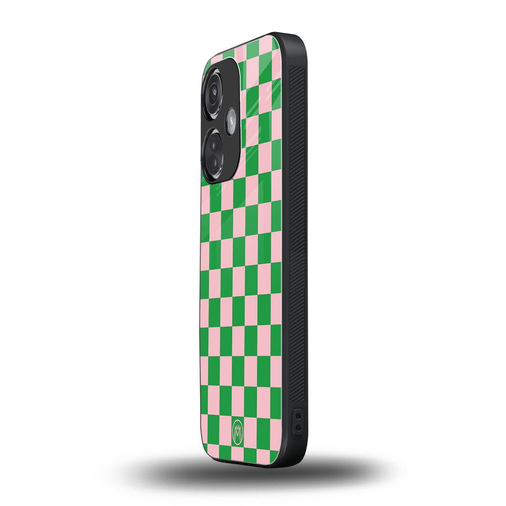 pink & green check pattern back phone cover | glass case for oneplus nord ce 3