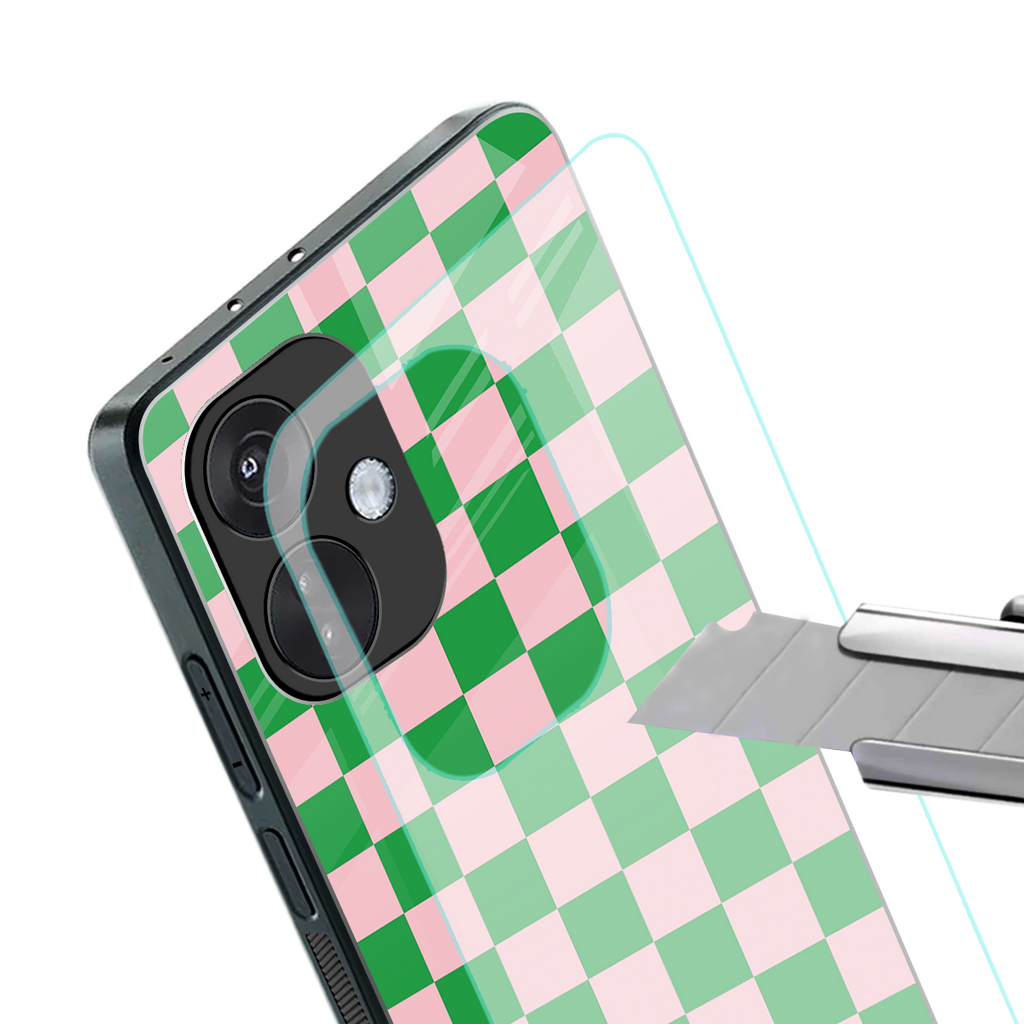 pink & green check pattern back phone cover | glass case for oneplus nord ce 3