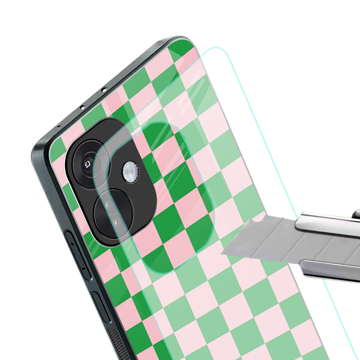 pink & green check pattern back phone cover | glass case for oneplus nord ce 3