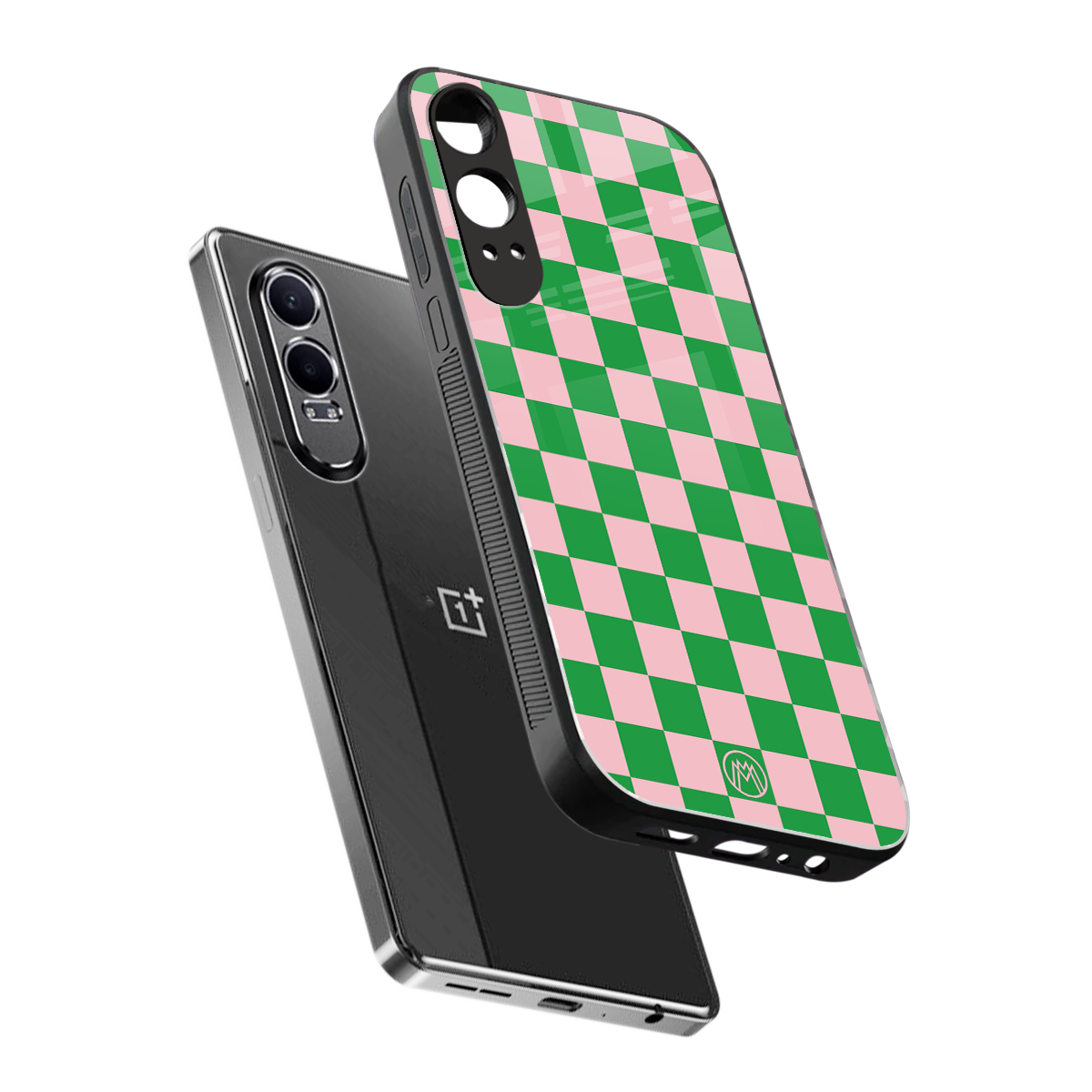pink & green check pattern back phone cover | glass case for oneplus nord ce 4 lite