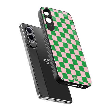 pink & green check pattern back phone cover | glass case for oneplus nord ce 4 lite