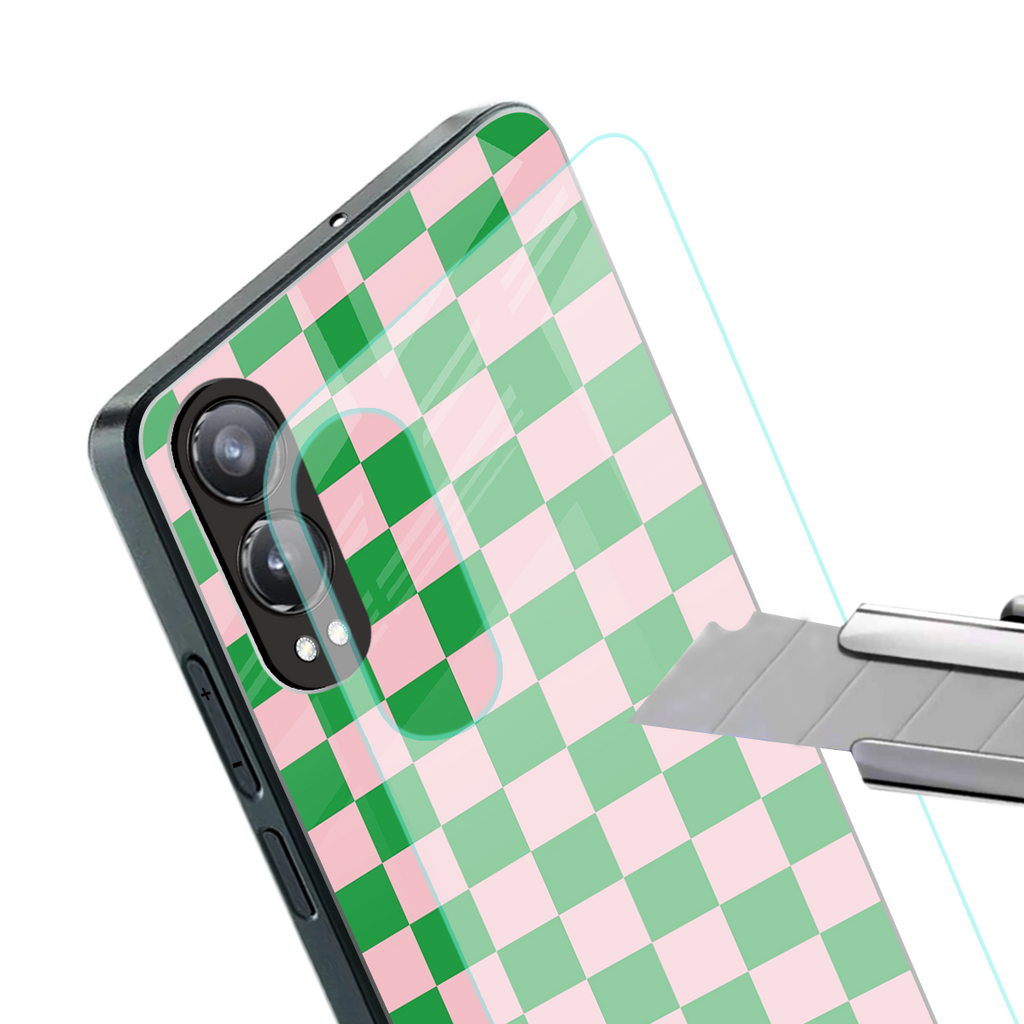 pink & green check pattern back phone cover | glass case for oneplus nord ce 4 lite
