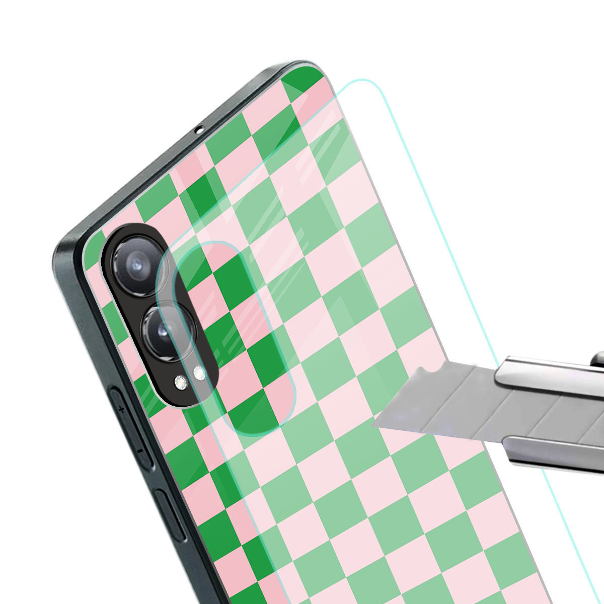 pink & green check pattern back phone cover | glass case for oneplus nord ce 4 lite