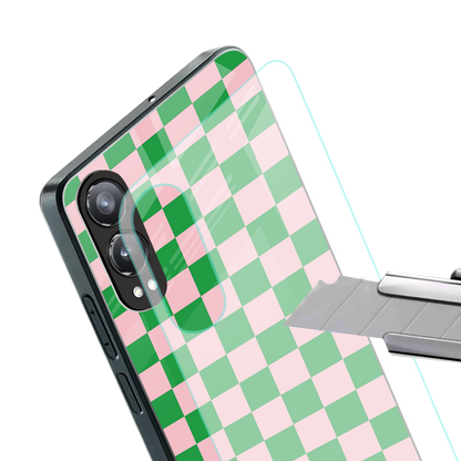 pink & green check pattern back phone cover | glass case for oneplus nord ce 4 lite
