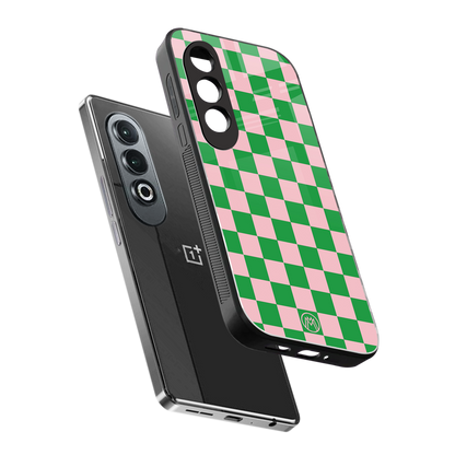 pink & green check pattern back phone cover | glass case for oneplus nord ce 4
