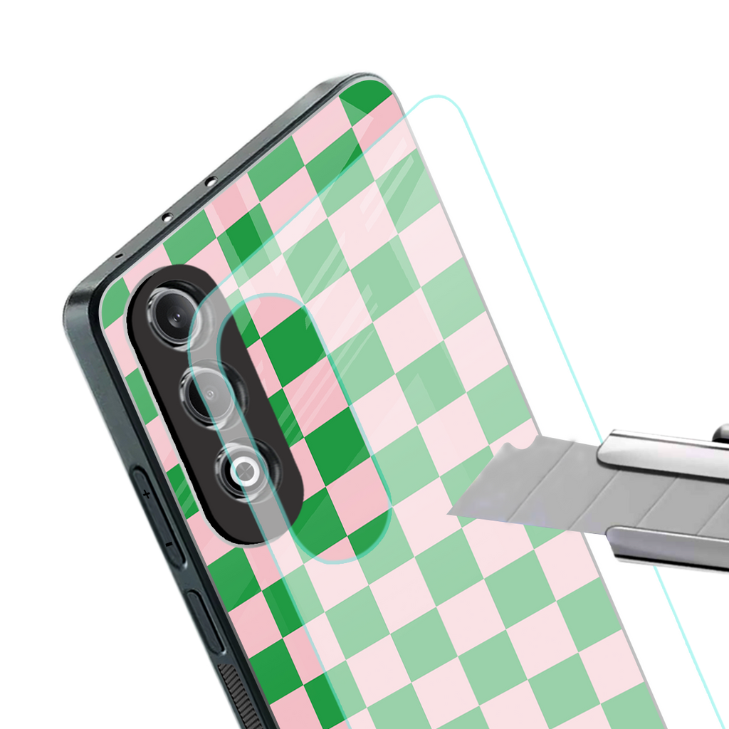 pink & green check pattern back phone cover | glass case for oneplus nord ce 4