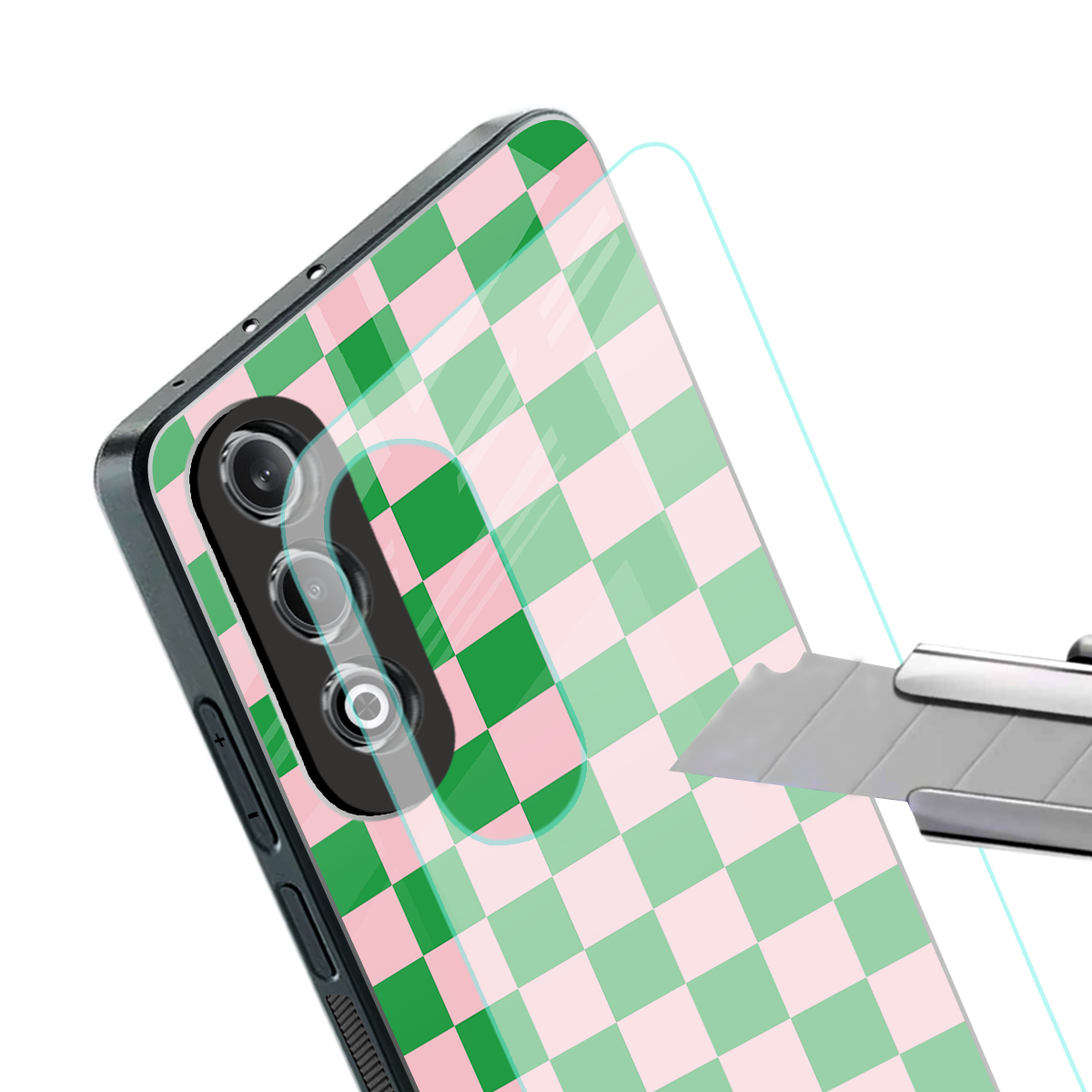 pink & green check pattern back phone cover | glass case for oneplus nord ce 4