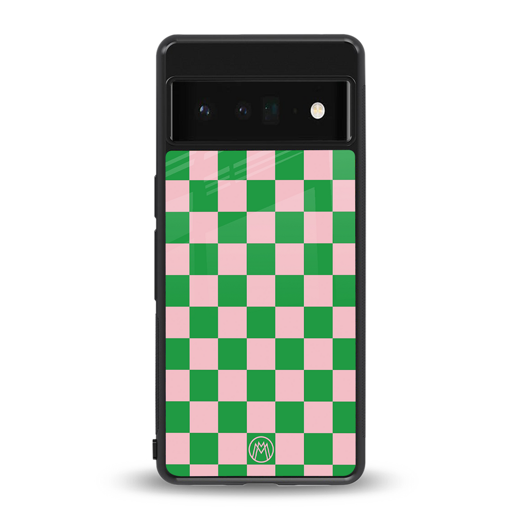 pink & green check pattern back phone cover | glass case for google pixel 6 pro
