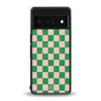 pink & green check pattern back phone cover | glass case for google pixel 6 pro