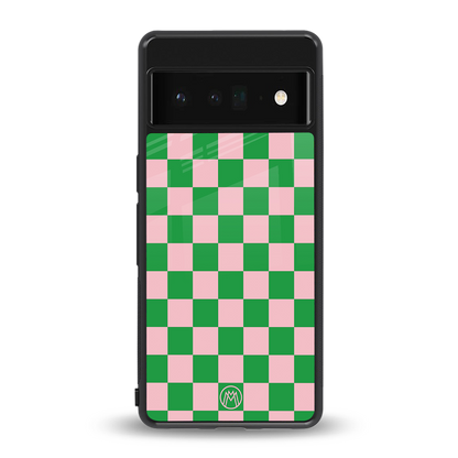pink & green check pattern back phone cover | glass case for google pixel 6 pro