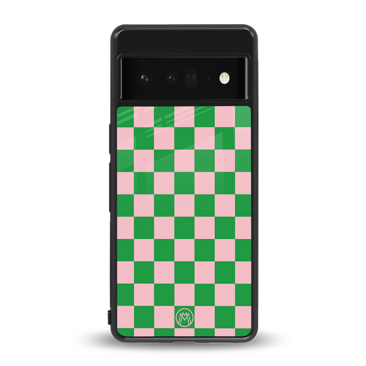 pink & green check pattern back phone cover | glass case for google pixel 6 pro