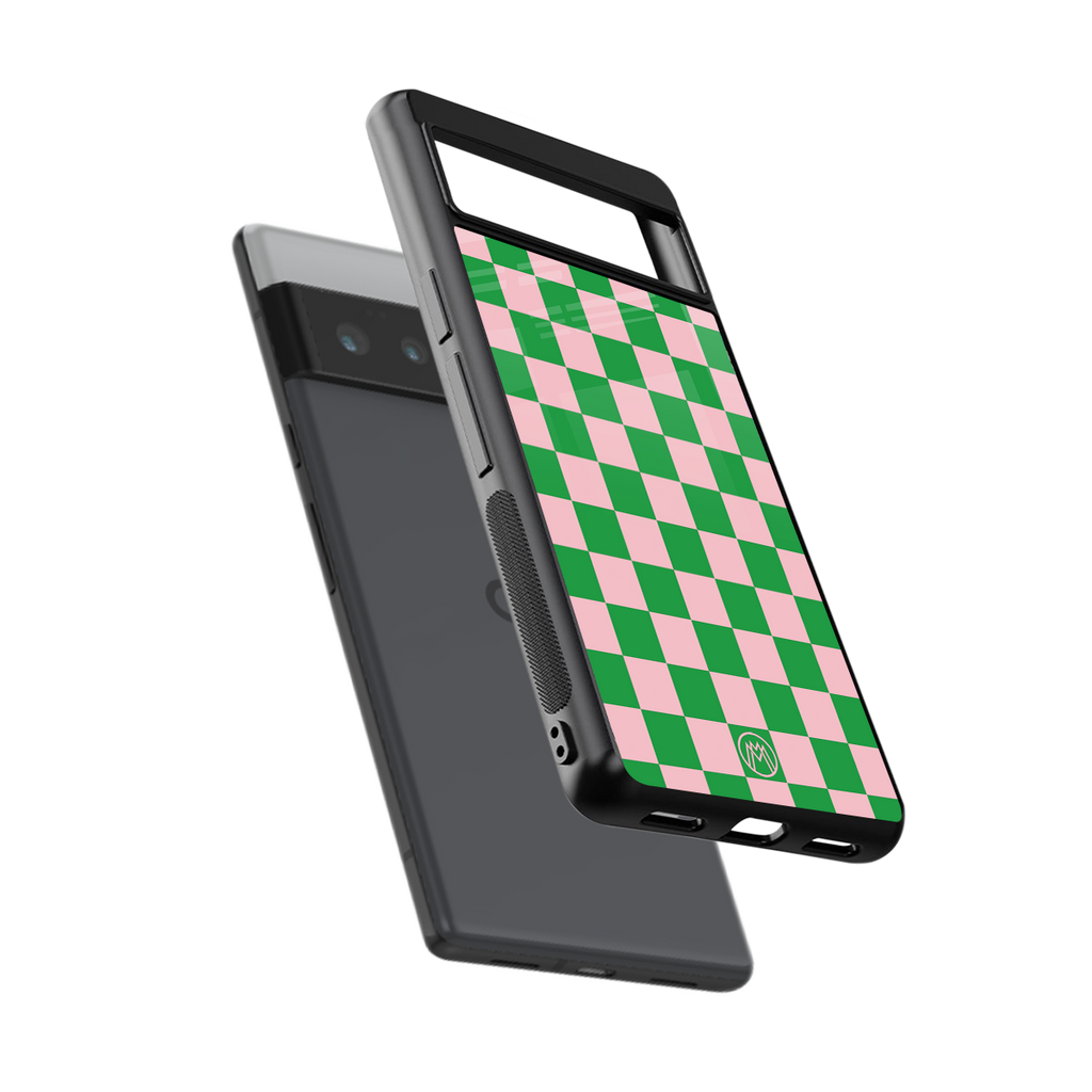 pink & green check pattern back phone cover | glass case for google pixel 6 pro