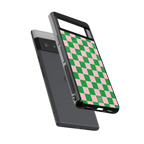 pink & green check pattern back phone cover | glass case for google pixel 6 pro