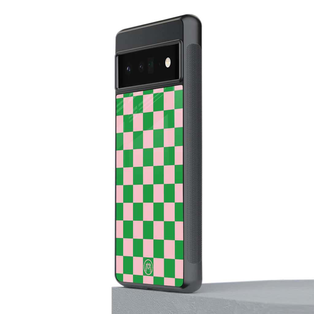 pink & green check pattern back phone cover | glass case for google pixel 6 pro
