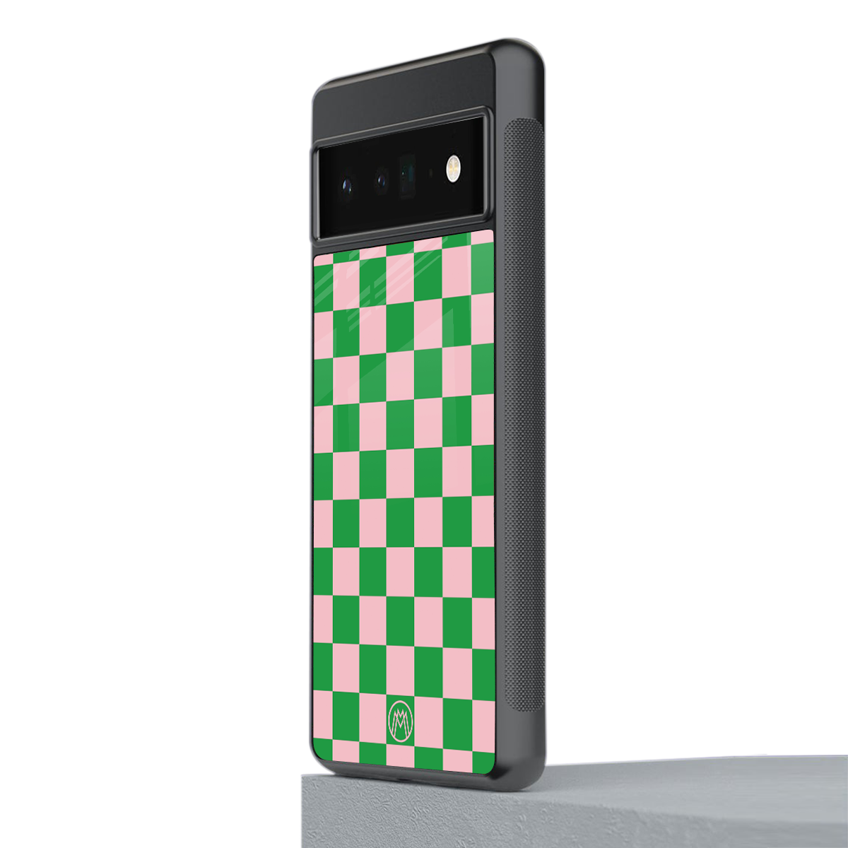 pink & green check pattern back phone cover | glass case for google pixel 6 pro