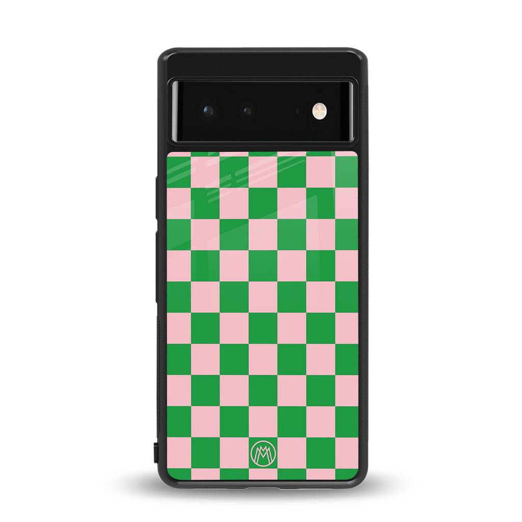 pink & green check pattern back phone cover | glass case for google pixel 6