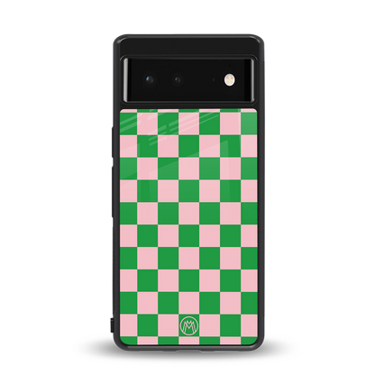 pink & green check pattern back phone cover | glass case for google pixel 6
