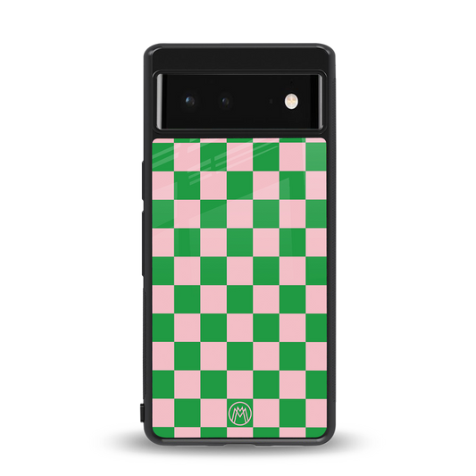 pink & green check pattern back phone cover | glass case for google pixel 6
