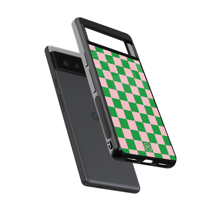 pink & green check pattern back phone cover | glass case for google pixel 6