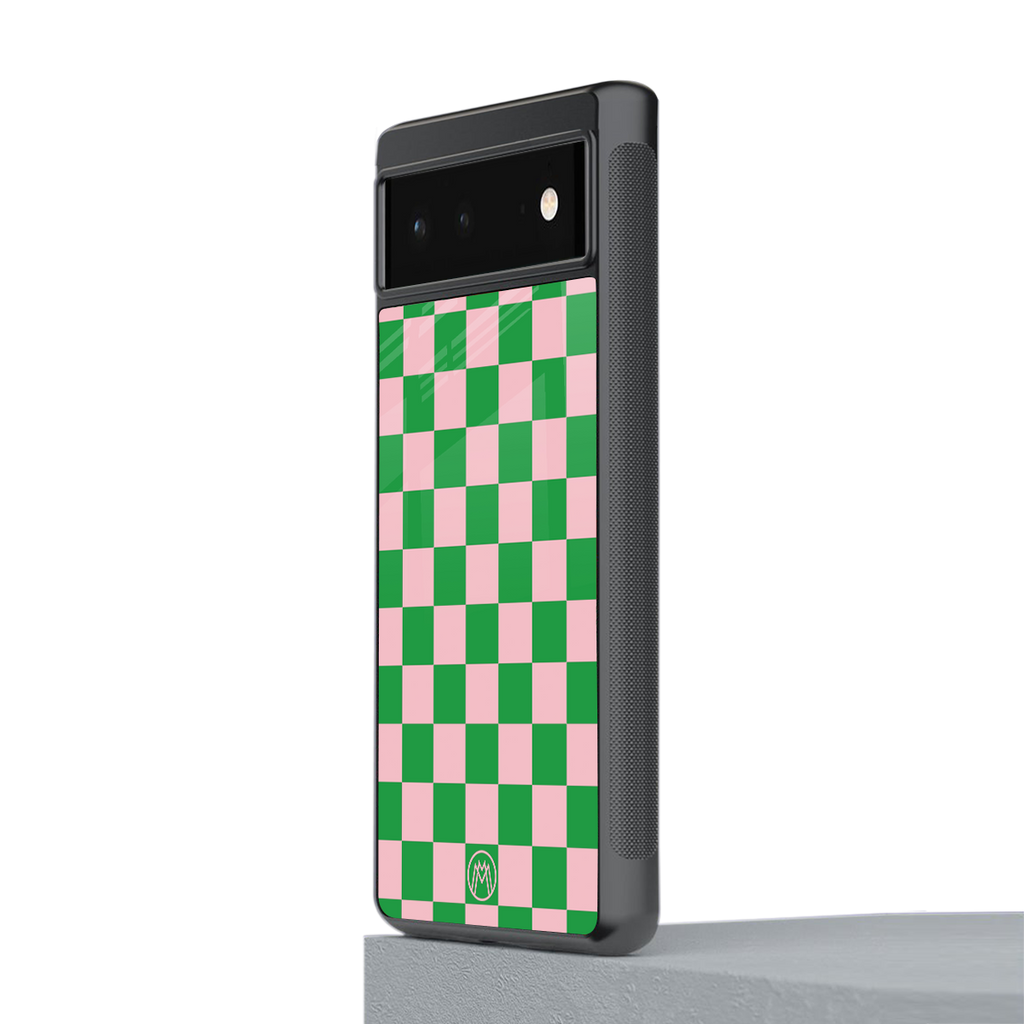 pink & green check pattern back phone cover | glass case for google pixel 6