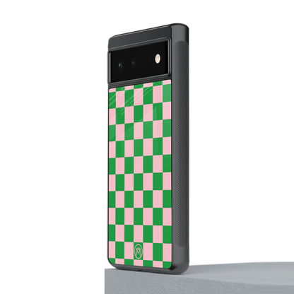 pink & green check pattern back phone cover | glass case for google pixel 6