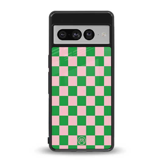 pink & green check pattern back phone cover | glass case for google pixel 7 pro