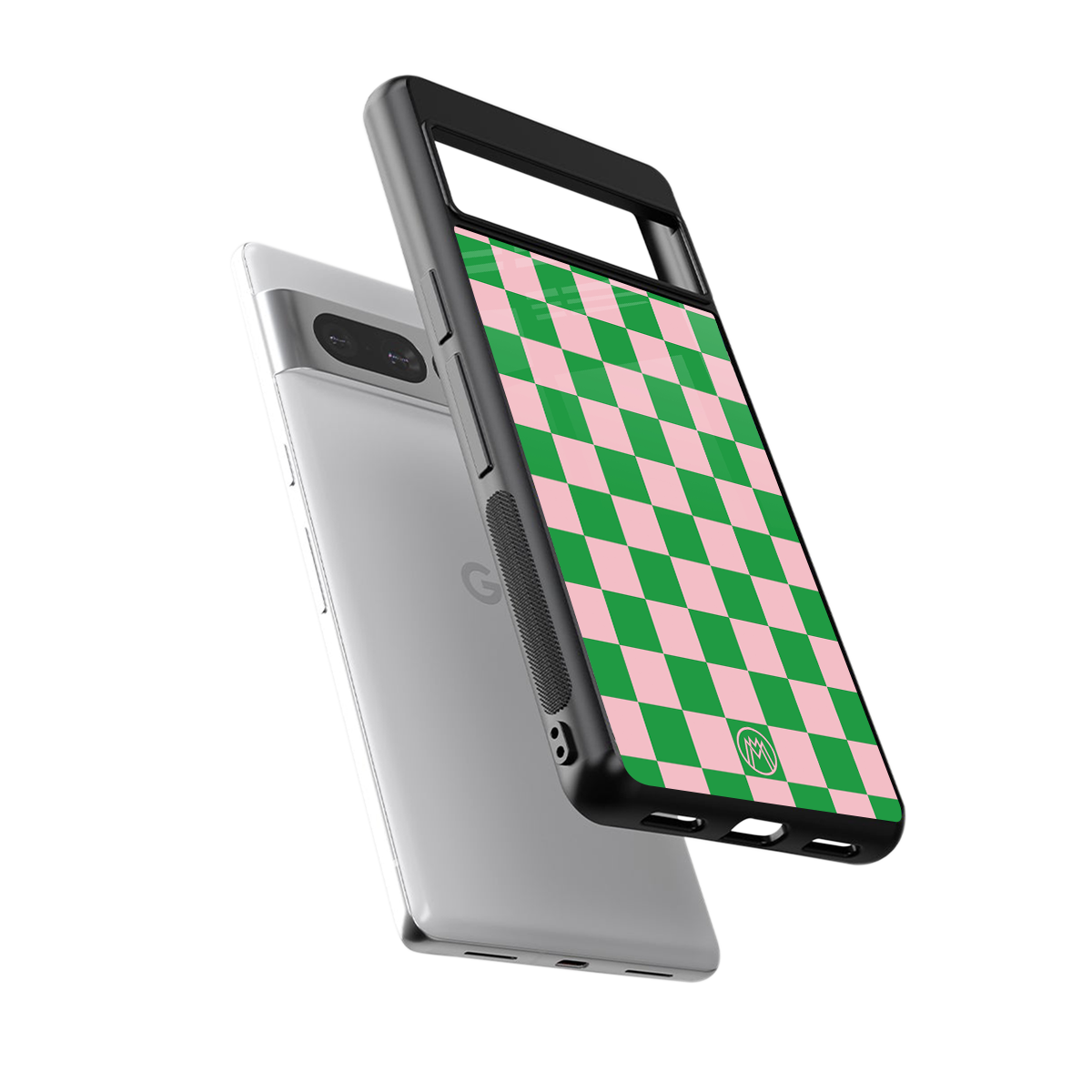 pink & green check pattern back phone cover | glass case for google pixel 7 pro