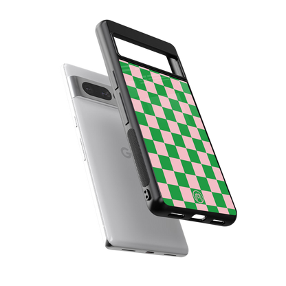 pink & green check pattern back phone cover | glass case for google pixel 7 pro