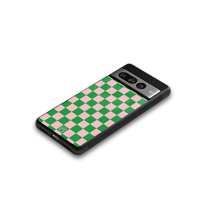 pink & green check pattern back phone cover | glass case for google pixel 7 pro