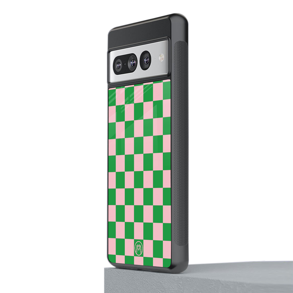 pink & green check pattern back phone cover | glass case for google pixel 7 pro