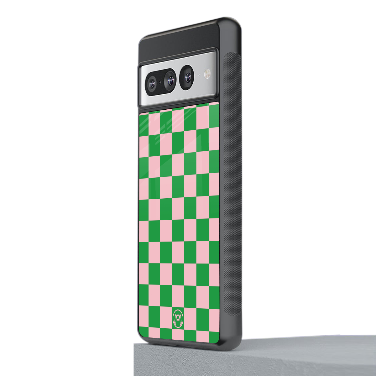 pink & green check pattern back phone cover | glass case for google pixel 7 pro