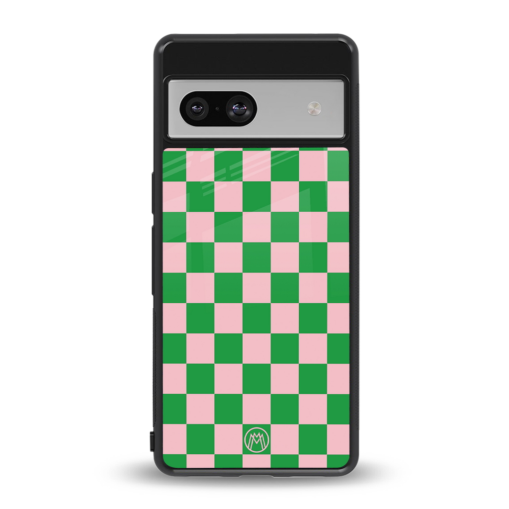pink & green check pattern back phone cover | glass case for Google Pixel 7