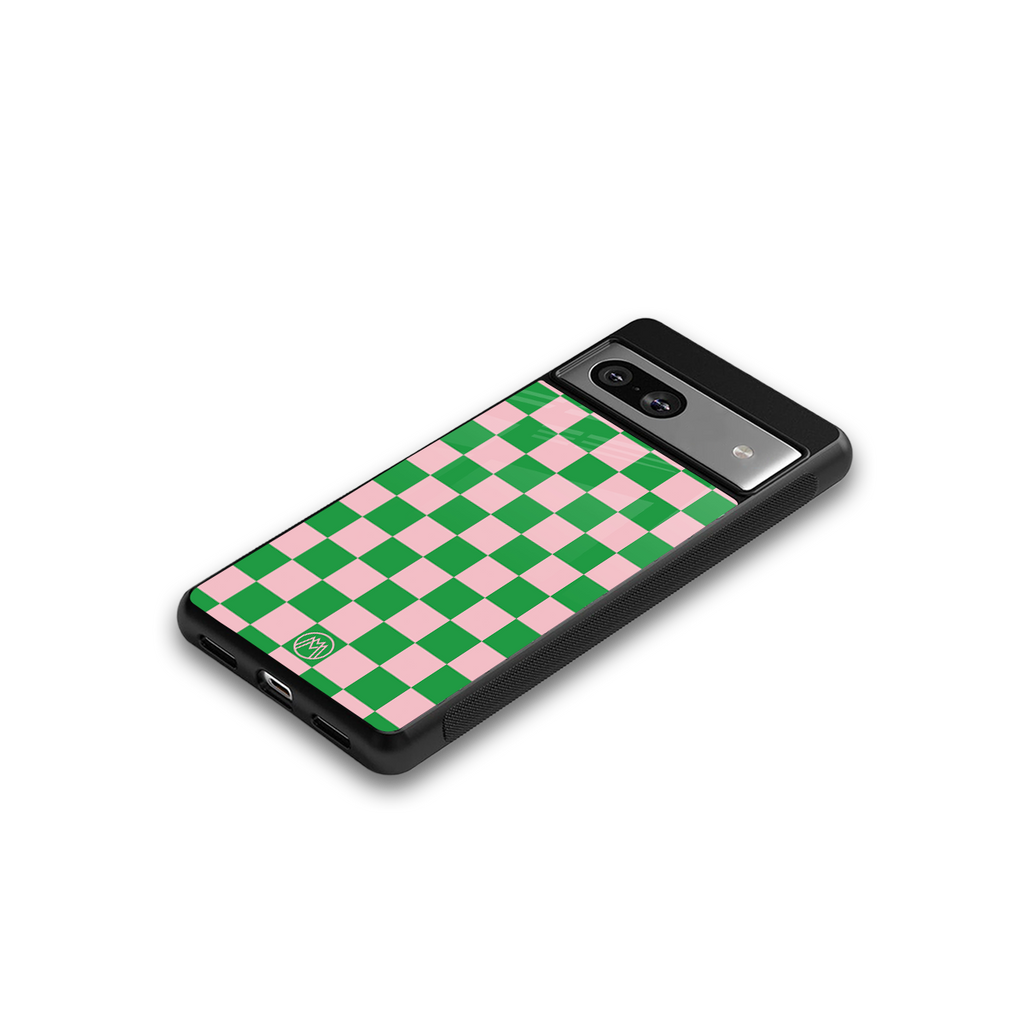 pink & green check pattern back phone cover | glass case for Google Pixel 7