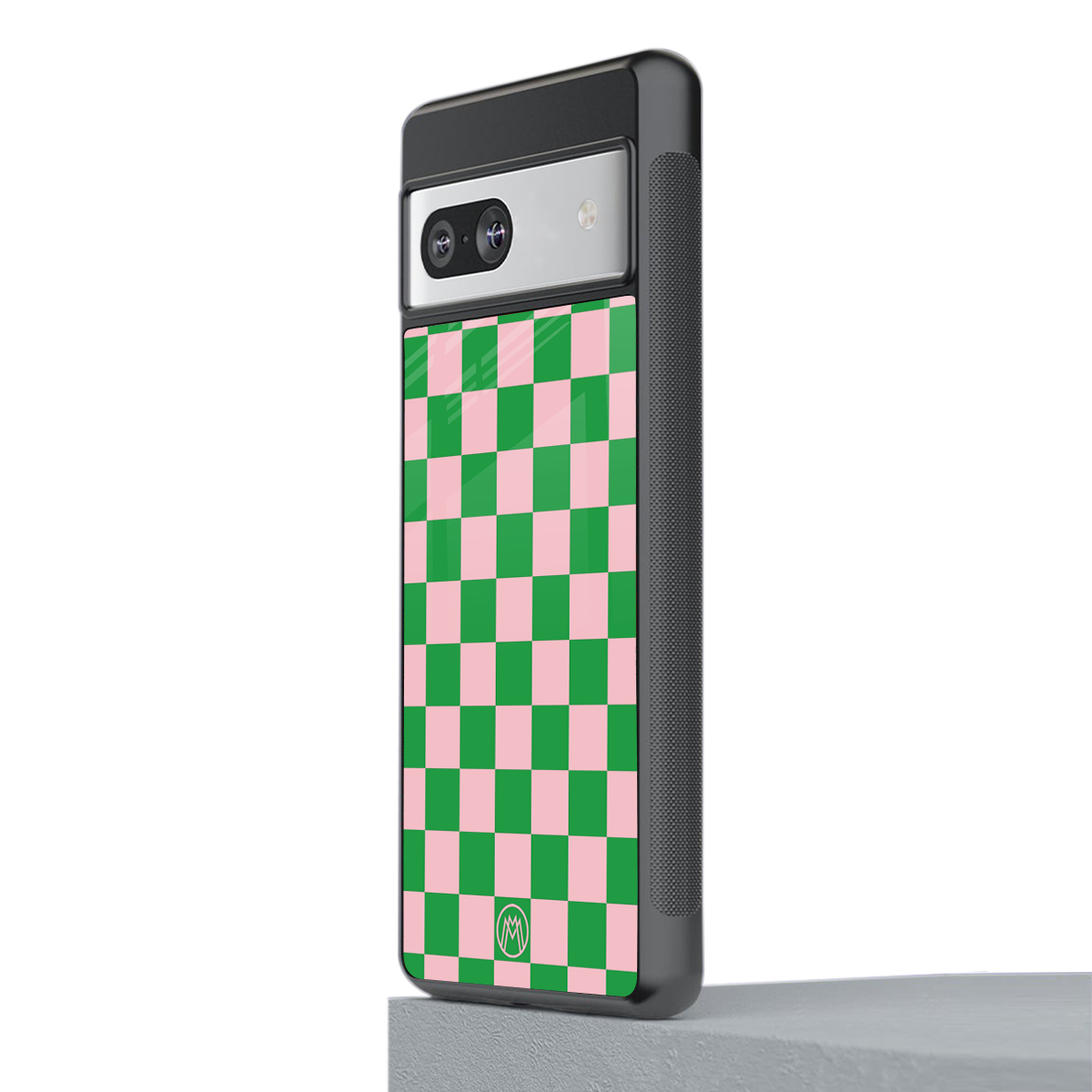 pink & green check pattern back phone cover | glass case for Google Pixel 7A