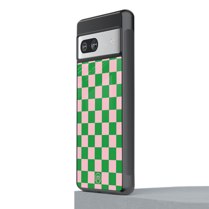 pink & green check pattern back phone cover | glass case for Google Pixel 7A