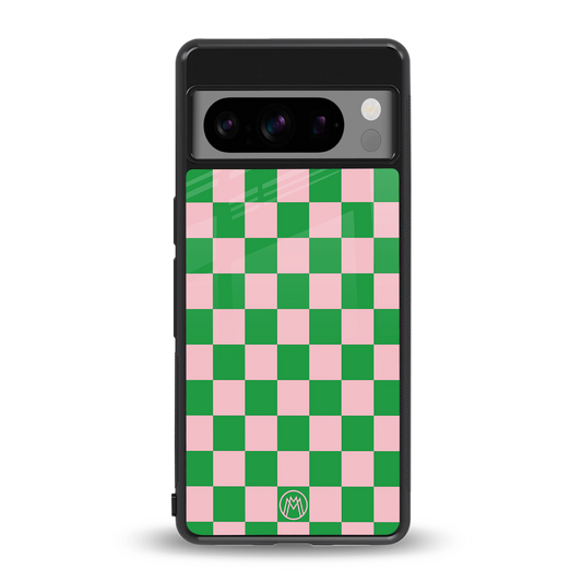 pink & green check pattern back phone cover | glass case for google pixel 8 pro